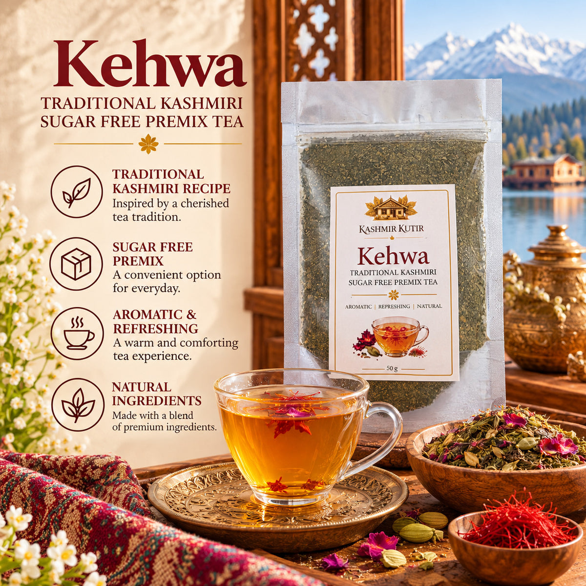 Kashmir Kutir Traditional Kashmiri Kehwa | Sugar-Free Premix Tea | 50gms